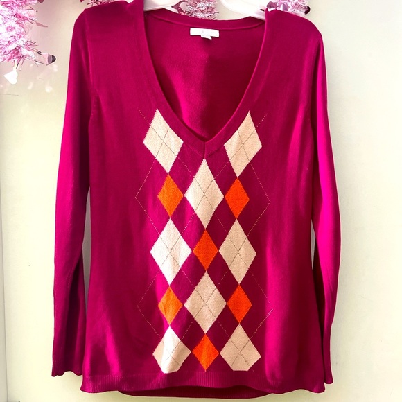 New York & Company Burgundy and Orange Argyle Sweater-Size Large - Picture 1 of 4